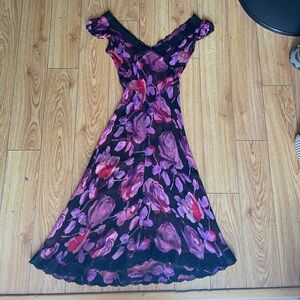 Vintage Y2K Betsey Johnson Pink and Purple Floral Skirt black lace trim detail